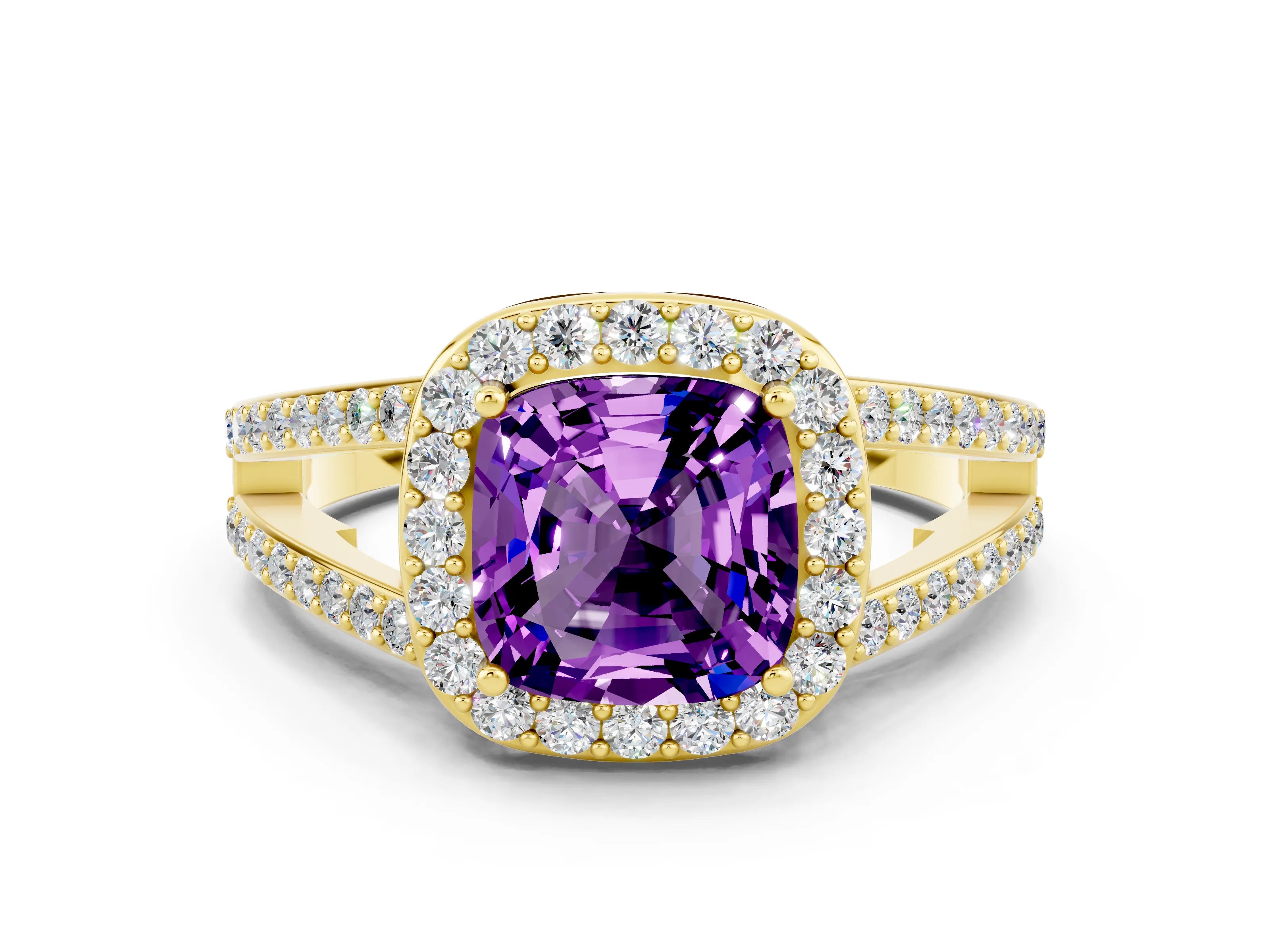 Yellow gold Cushion Cut Amethyst Halo Ring with Split Shank U-Prong Band and Four-Prong Setting