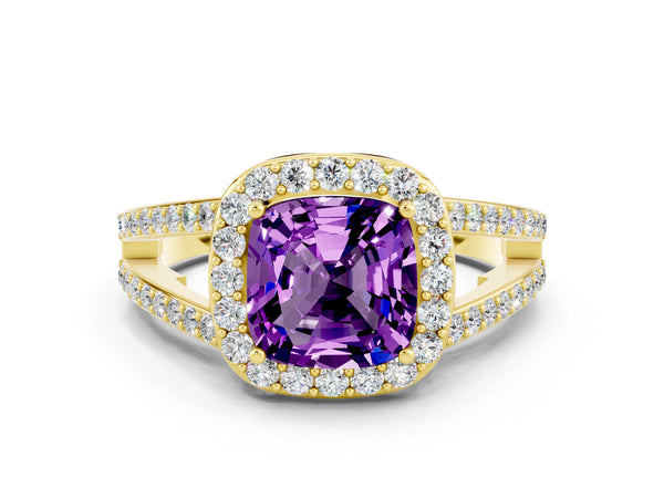 Yellow gold Cushion Cut Amethyst Halo Ring with Split Shank U-Prong Band and Four-Prong Setting