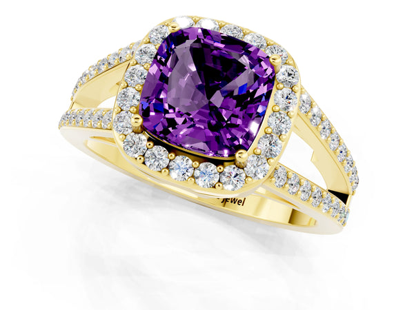 Yellow gold Cushion Cut Amethyst Halo Ring with Split Shank U-Prong Band and Four-Prong Setting