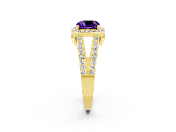 Yellow gold Cushion Cut Amethyst Halo Ring with Split Shank U-Prong Band and Four-Prong Setting