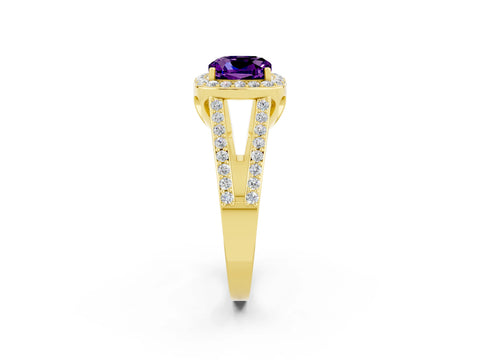 Yellow gold Cushion Cut Amethyst Halo Ring with Split Shank U-Prong Band and Four-Prong Setting_2