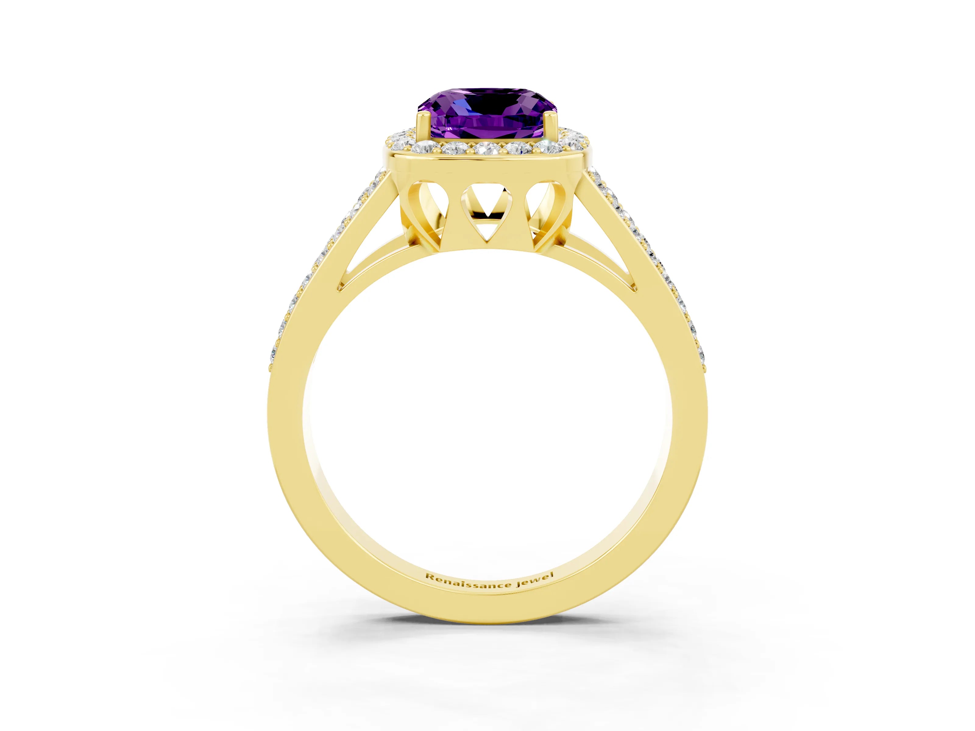 Yellow gold Cushion Cut Amethyst Halo Ring with Split Shank U-Prong Band and Four-Prong Setting_3