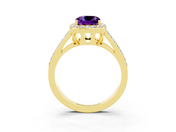 Yellow gold Cushion Cut Amethyst Halo Ring with Split Shank U-Prong Band and Four-Prong Setting