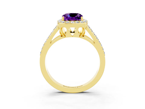 Yellow gold Cushion Cut Amethyst Halo Ring with Split Shank U-Prong Band and Four-Prong Setting_3