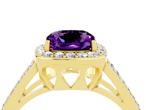 Yellow gold Cushion Cut Amethyst Halo Ring with Split Shank U-Prong Band and Four-Prong Setting_4