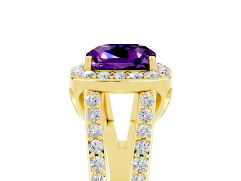 Yellow gold Cushion Cut Amethyst Halo Ring with Split Shank U-Prong Band and Four-Prong Setting_5