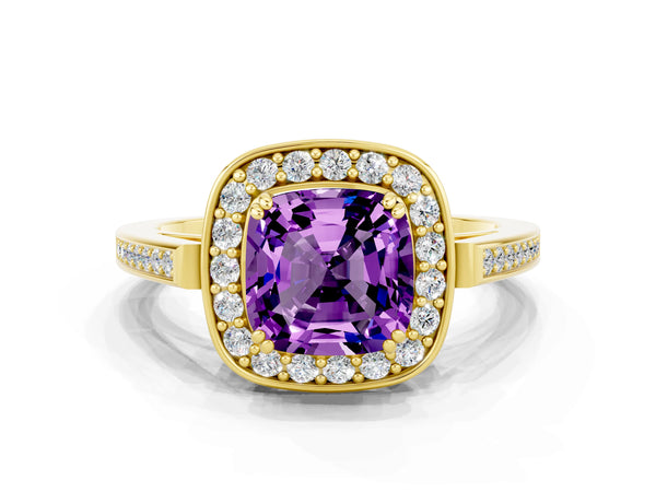 Yellow gold Cushion Cut Amethyst Halo Ring with Split Shank and Four-Prong Setting