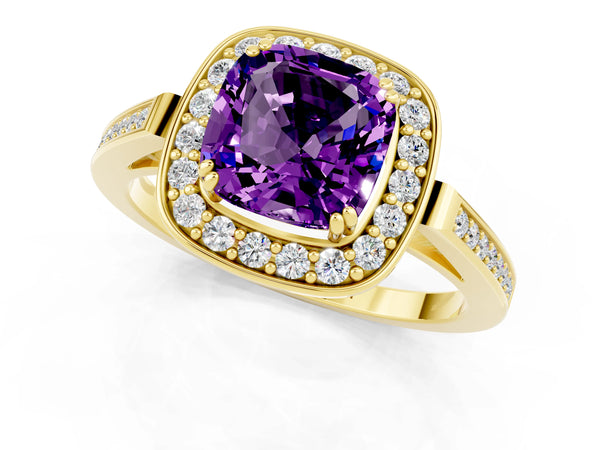 Yellow gold Cushion Cut Amethyst Halo Ring with Split Shank and Four-Prong Setting