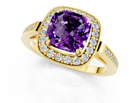 Yellow gold Cushion Cut Amethyst Halo Ring with Split Shank and Four-Prong Setting_1