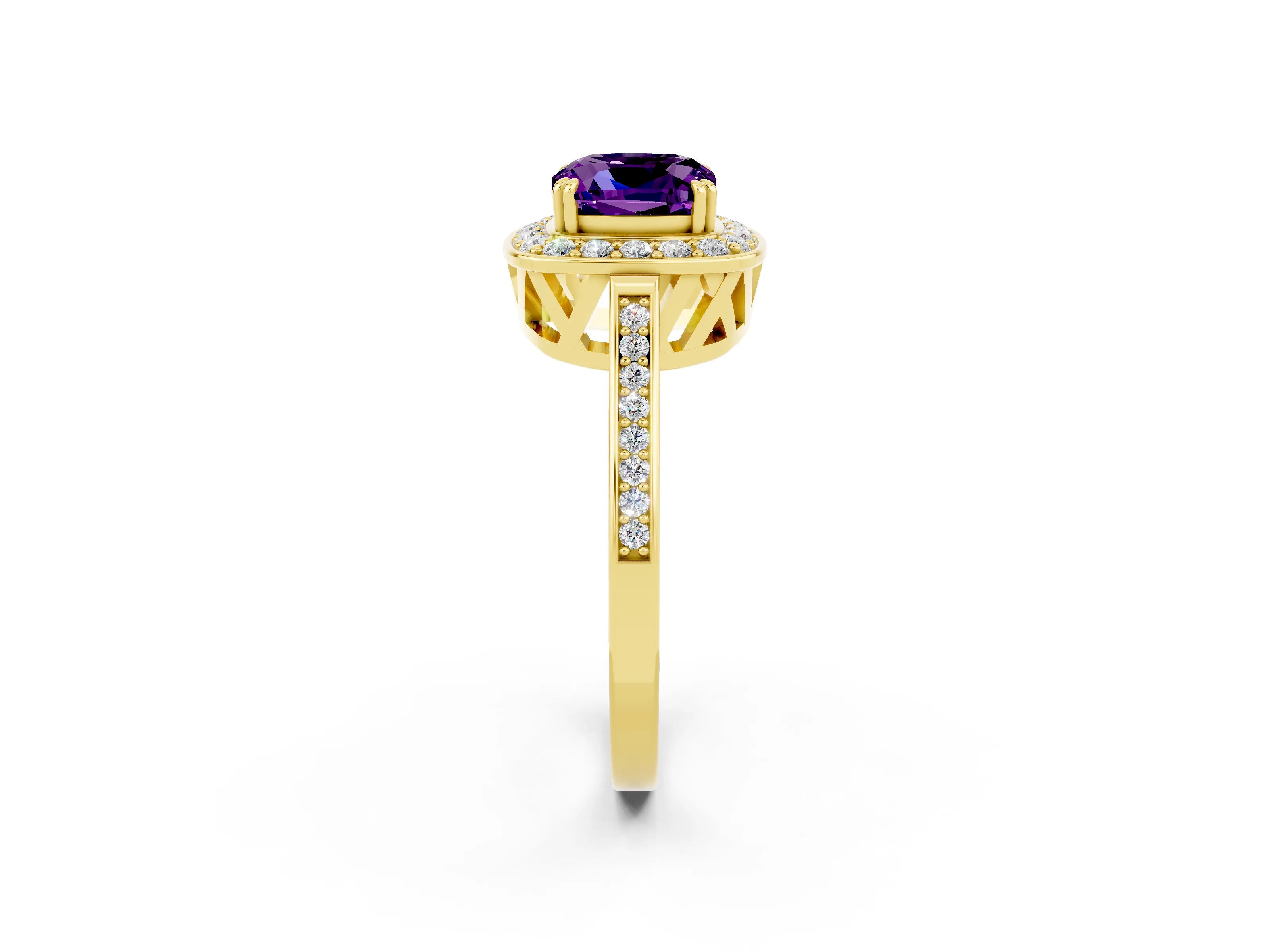 Yellow gold Cushion Cut Amethyst Halo Ring with Split Shank and Four-Prong Setting_2