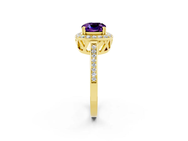 Yellow gold Cushion Cut Amethyst Halo Ring with Split Shank and Four-Prong Setting