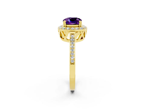 Yellow gold Cushion Cut Amethyst Halo Ring with Split Shank and Four-Prong Setting_2