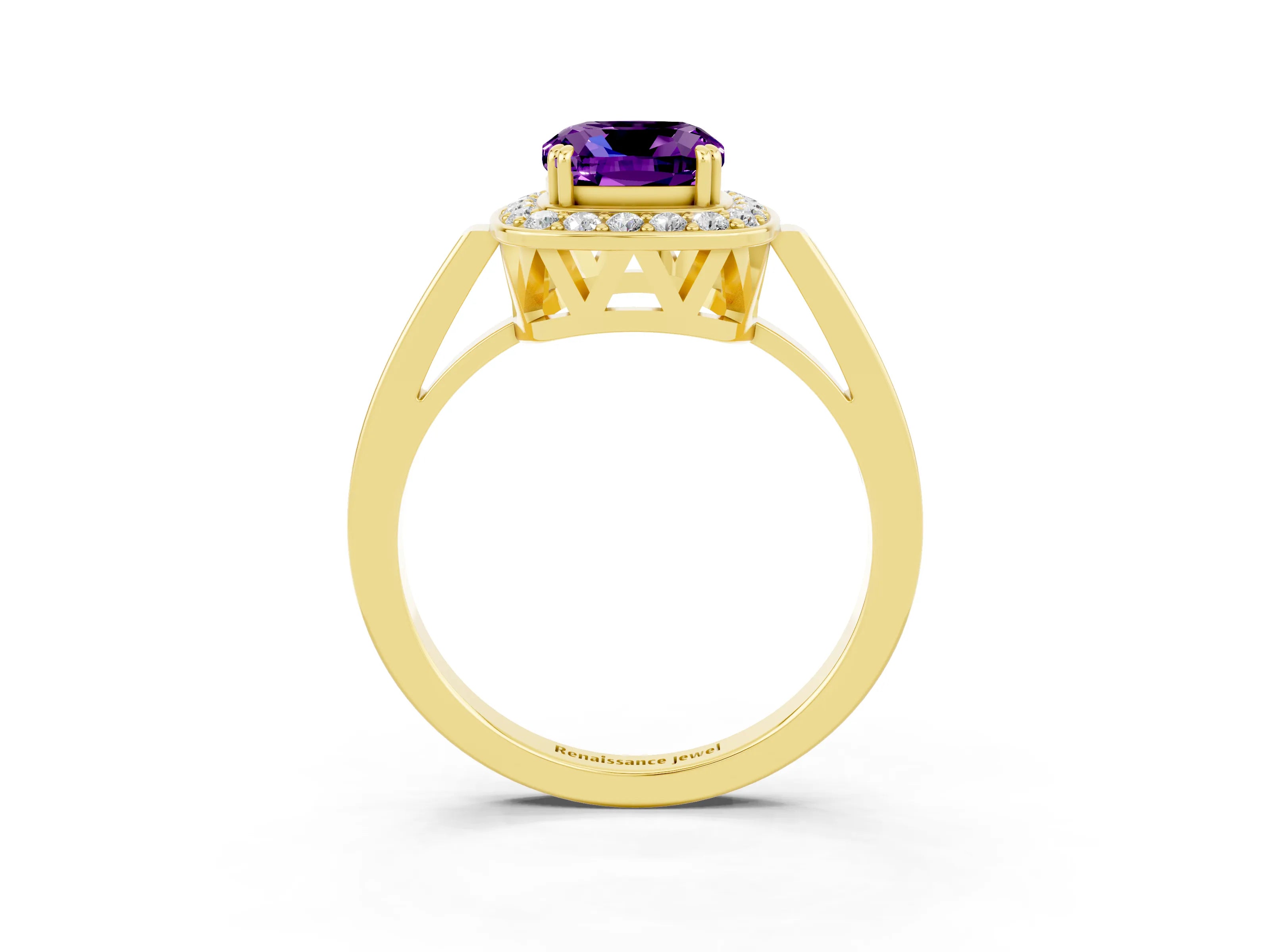 Yellow gold Cushion Cut Amethyst Halo Ring with Split Shank and Four-Prong Setting_3