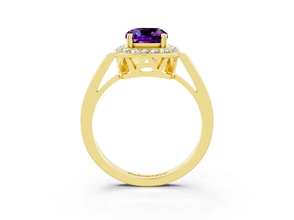 Yellow gold Cushion Cut Amethyst Halo Ring with Split Shank and Four-Prong Setting