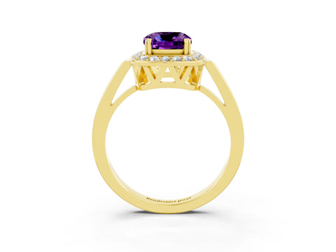 Yellow gold Cushion Cut Amethyst Halo Ring with Split Shank and Four-Prong Setting_3