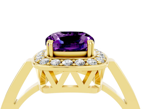 Yellow gold Cushion Cut Amethyst Halo Ring with Split Shank and Four-Prong Setting_4