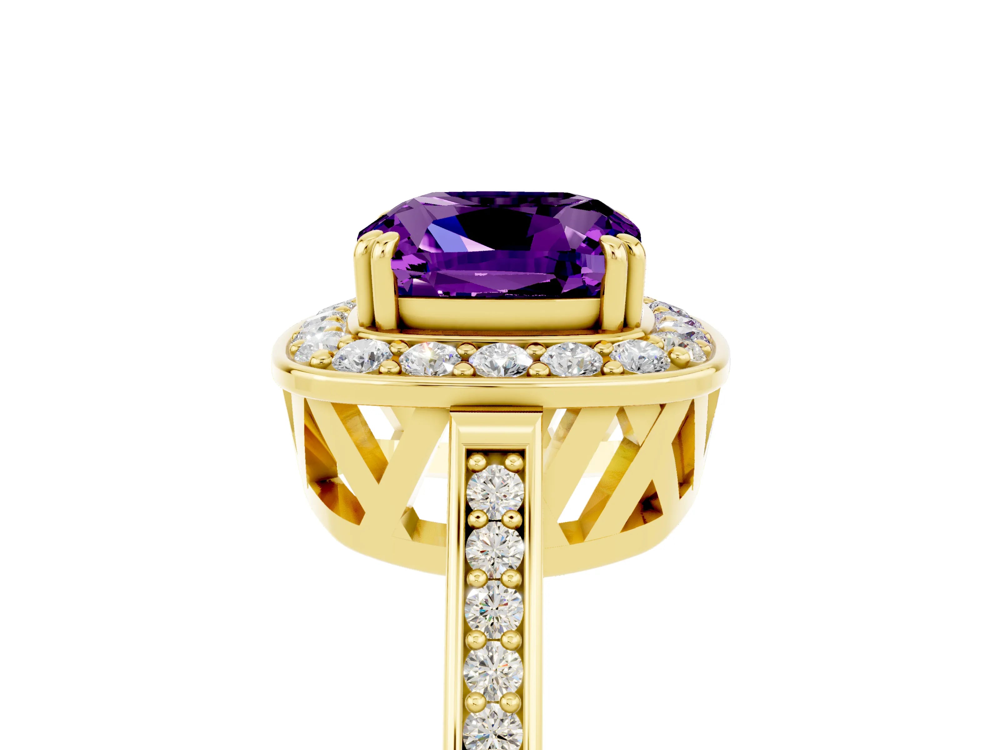 Yellow gold Cushion Cut Amethyst Halo Ring with Split Shank and Four-Prong Setting_5