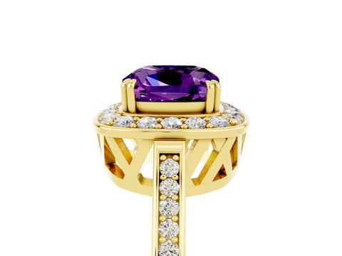 Yellow gold Cushion Cut Amethyst Halo Ring with Split Shank and Four-Prong Setting_5