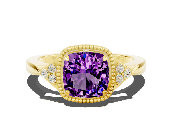 Yellow gold Cushion Cut Amethyst Halo Ring with Tapered Band and Four-Prong Setting