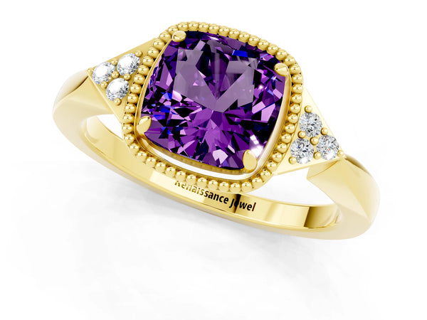 Yellow gold Cushion Cut Amethyst Halo Ring with Tapered Band and Four-Prong Setting