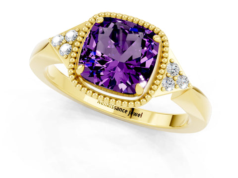 Yellow gold Cushion Cut Amethyst Halo Ring with Tapered Band and Four-Prong Setting_1