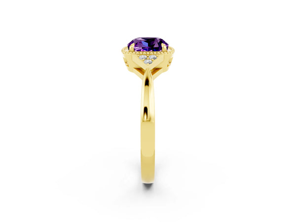 Yellow gold Cushion Cut Amethyst Halo Ring with Tapered Band and Four-Prong Setting