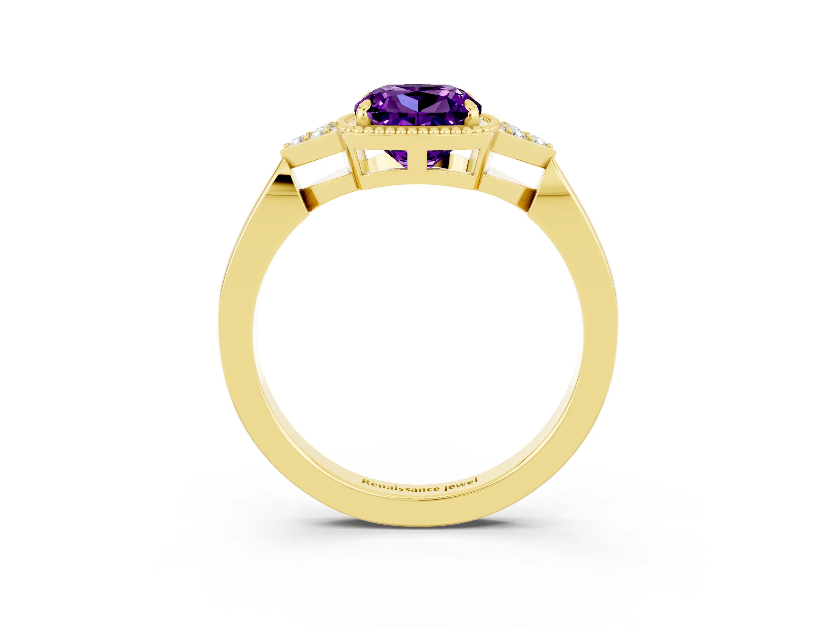 Yellow gold Cushion Cut Amethyst Halo Ring with Tapered Band and Four-Prong Setting_3