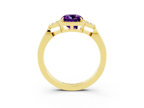 Yellow gold Cushion Cut Amethyst Halo Ring with Tapered Band and Four-Prong Setting