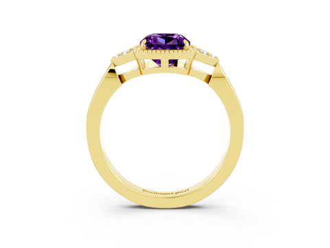 Yellow gold Cushion Cut Amethyst Halo Ring with Tapered Band and Four-Prong Setting_3