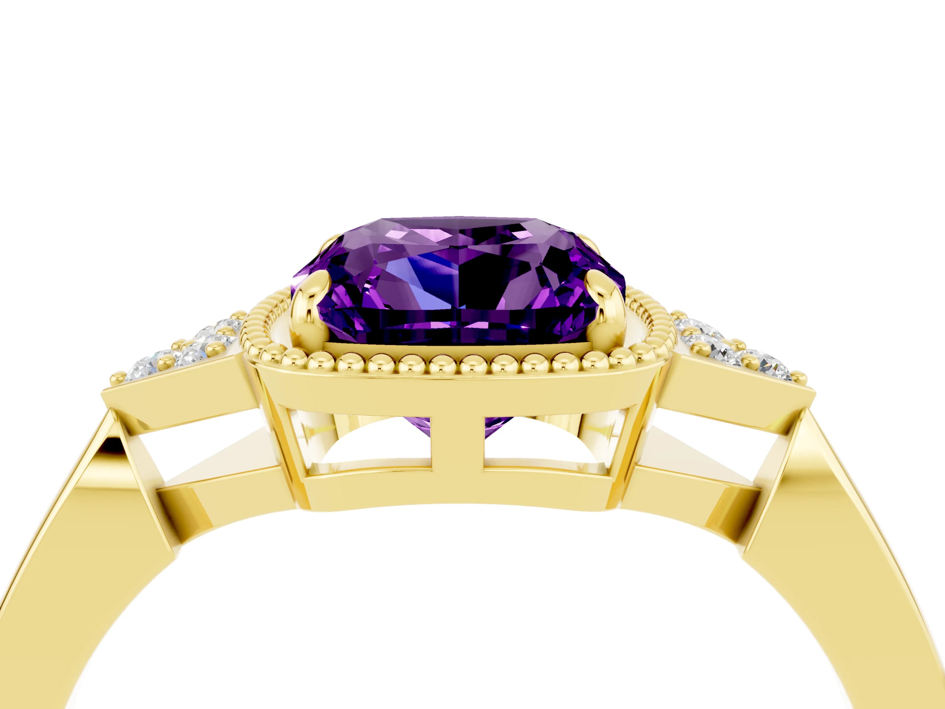 Yellow gold Cushion Cut Amethyst Halo Ring with Tapered Band and Four-Prong Setting_4