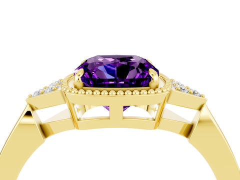 Yellow gold Cushion Cut Amethyst Halo Ring with Tapered Band and Four-Prong Setting_4