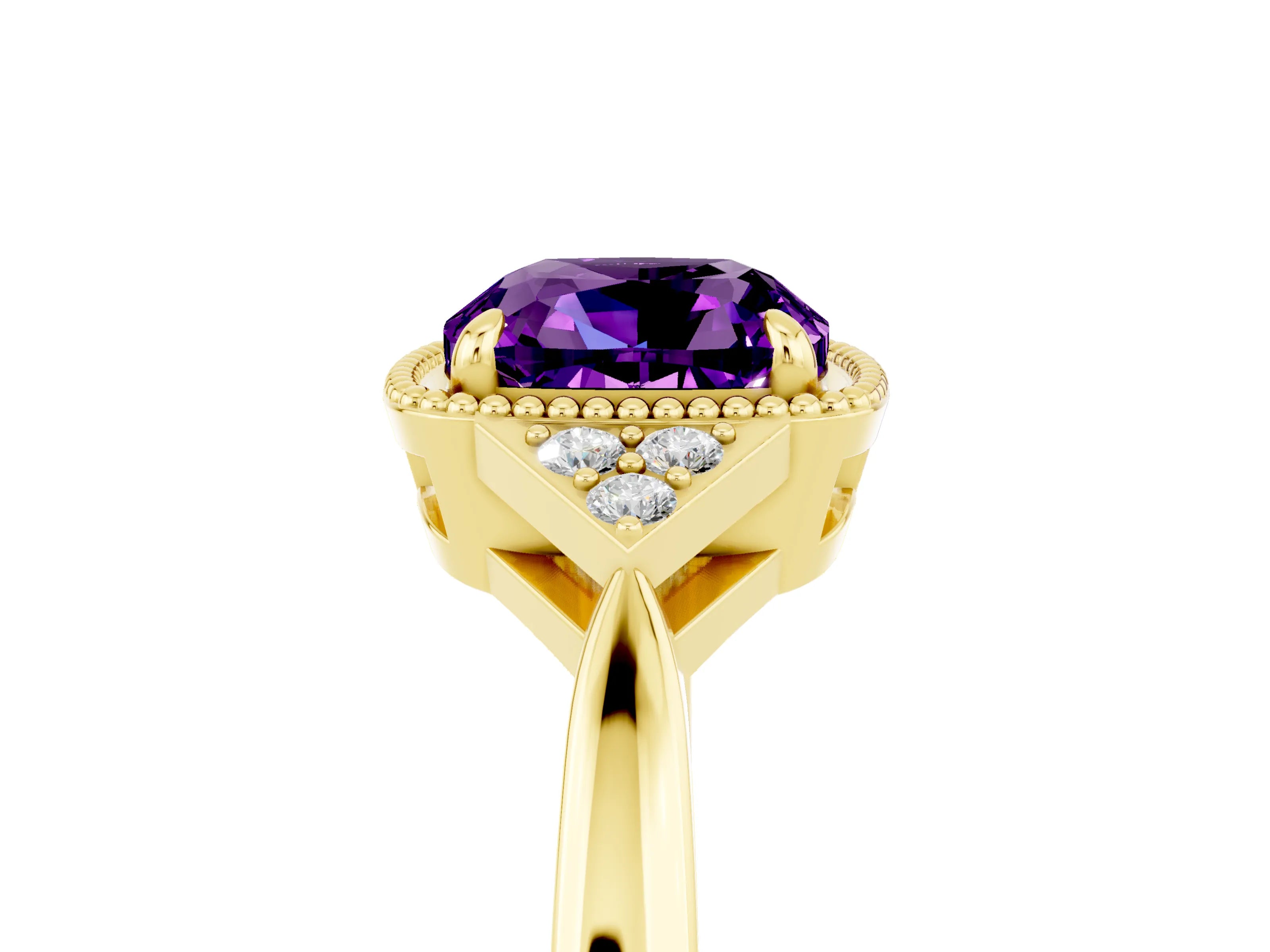 Yellow gold Cushion Cut Amethyst Halo Ring with Tapered Band and Four-Prong Setting_5