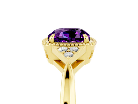 Yellow gold Cushion Cut Amethyst Halo Ring with Tapered Band and Four-Prong Setting_5