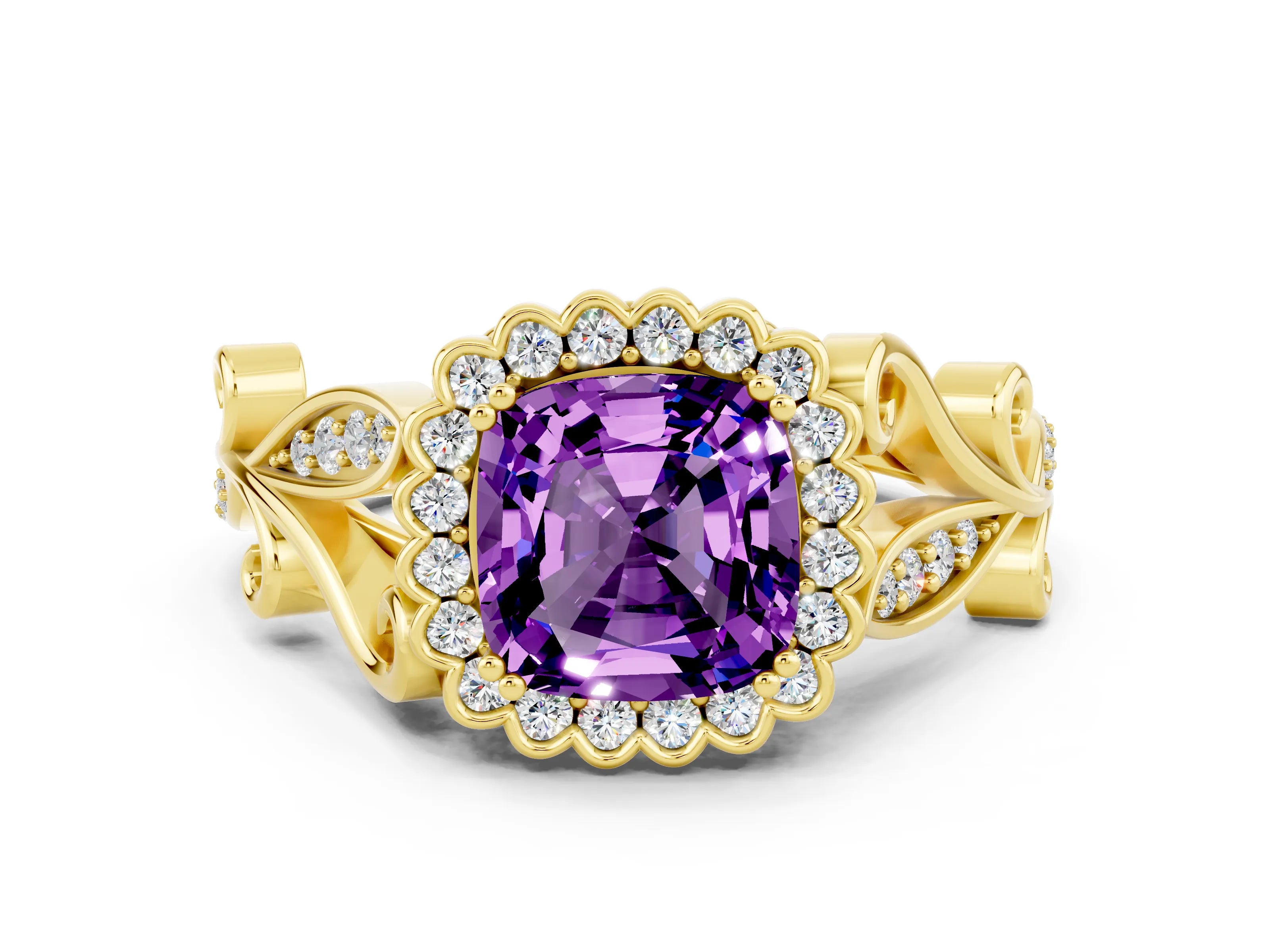Yellow gold Cushion Cut Amethyst Halo Ring with Vintage Split Shank and Four-Prong Setting