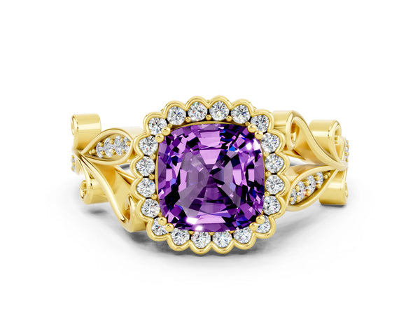 Yellow gold Cushion Cut Amethyst Halo Ring with Vintage Split Shank and Four-Prong Setting