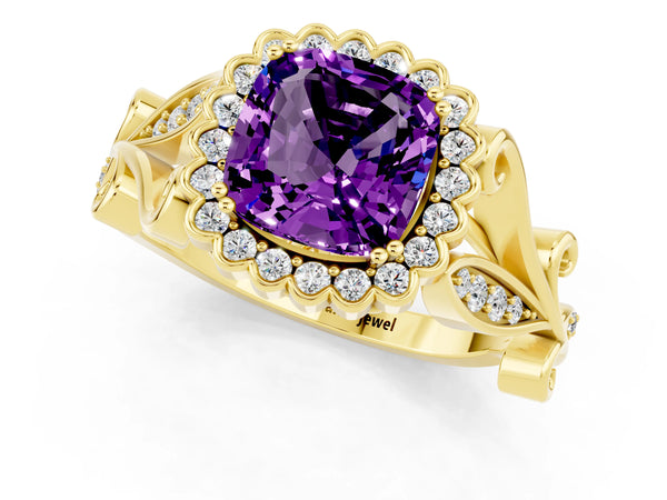 Yellow gold Cushion Cut Amethyst Halo Ring with Vintage Split Shank and Four-Prong Setting