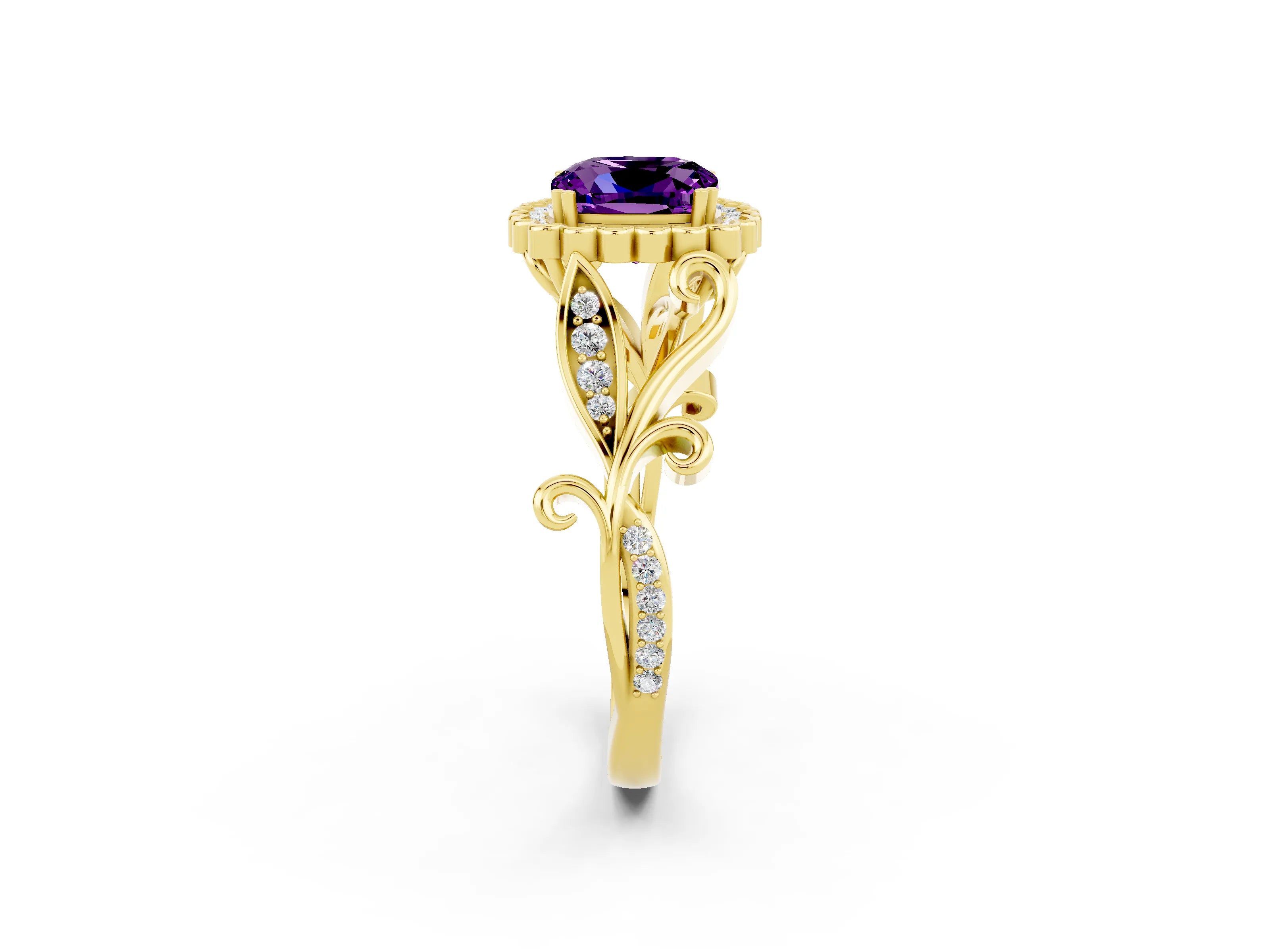 Yellow gold Cushion Cut Amethyst Halo Ring with Vintage Split Shank and Four-Prong Setting_2