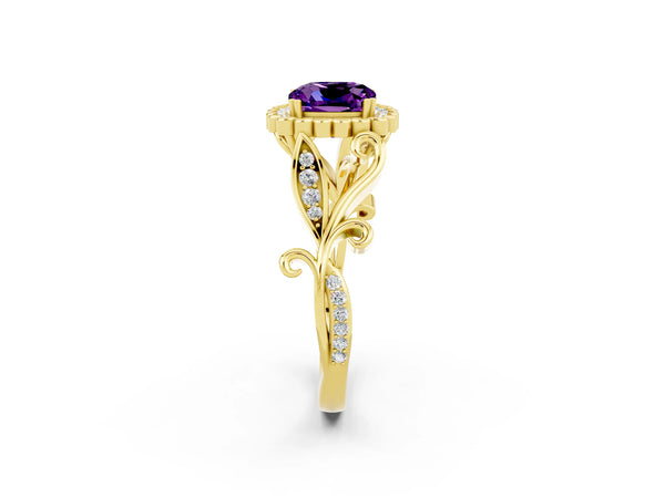 Yellow gold Cushion Cut Amethyst Halo Ring with Vintage Split Shank and Four-Prong Setting