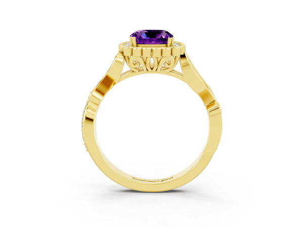 Yellow gold Cushion Cut Amethyst Halo Ring with Vintage Split Shank and Four-Prong Setting