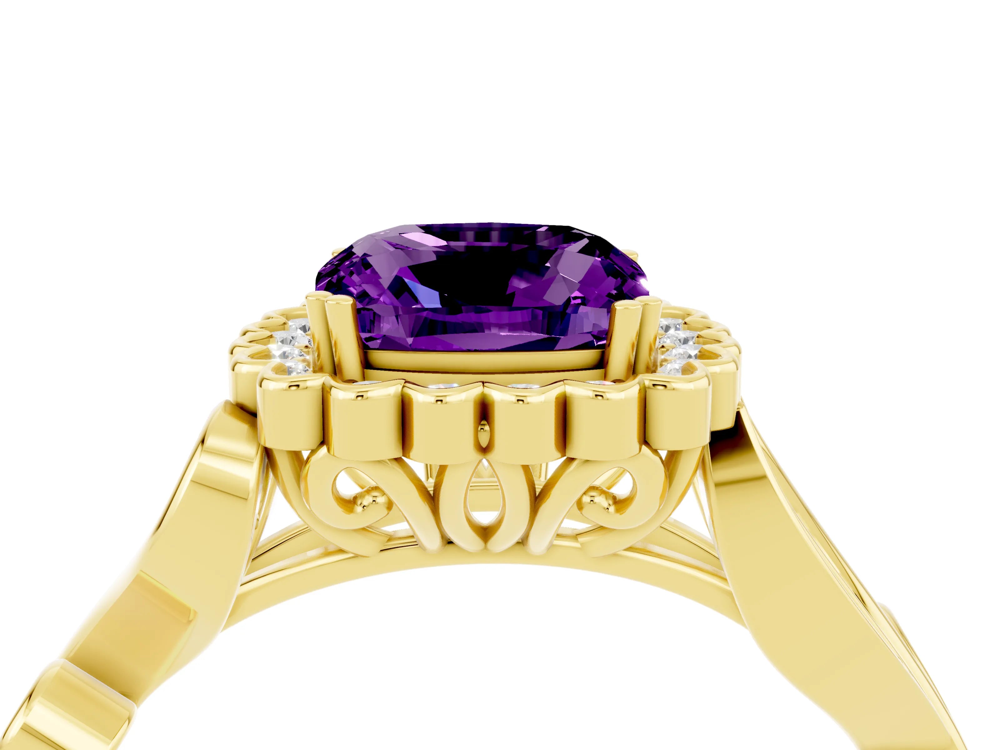Yellow gold Cushion Cut Amethyst Halo Ring with Vintage Split Shank and Four-Prong Setting_4