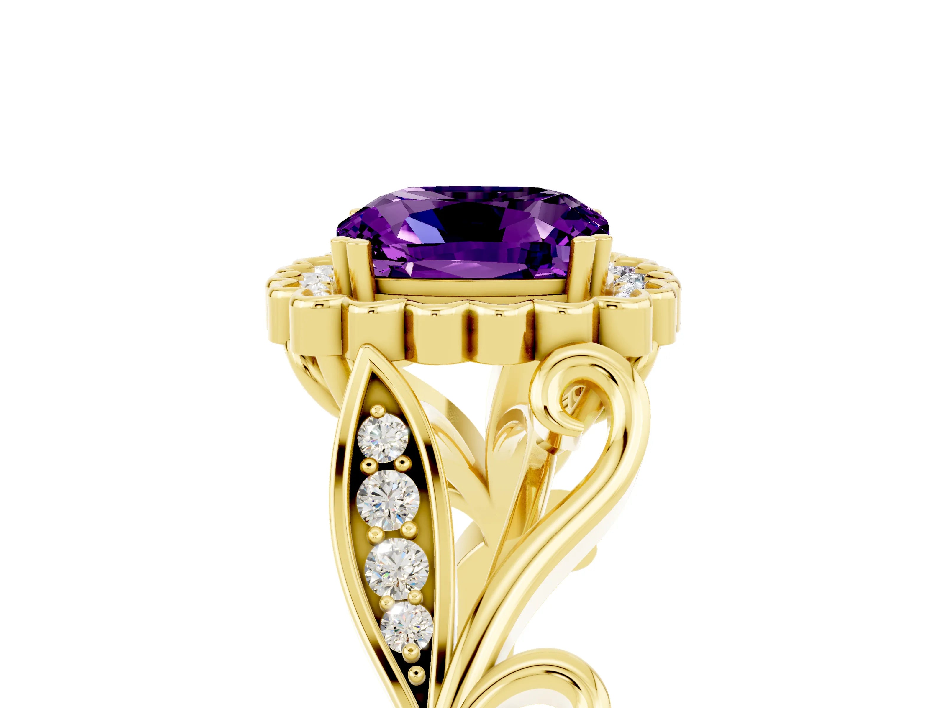Yellow gold Cushion Cut Amethyst Halo Ring with Vintage Split Shank and Four-Prong Setting_5