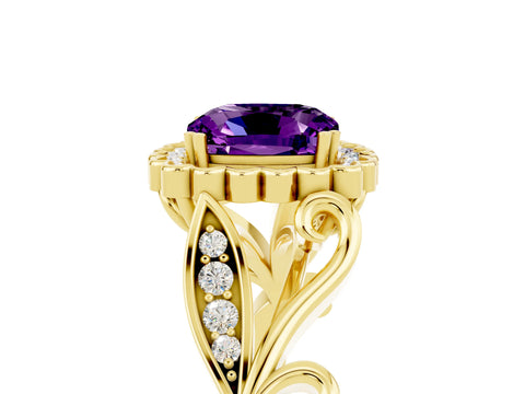 Yellow gold Cushion Cut Amethyst Halo Ring with Vintage Split Shank and Four-Prong Setting_5