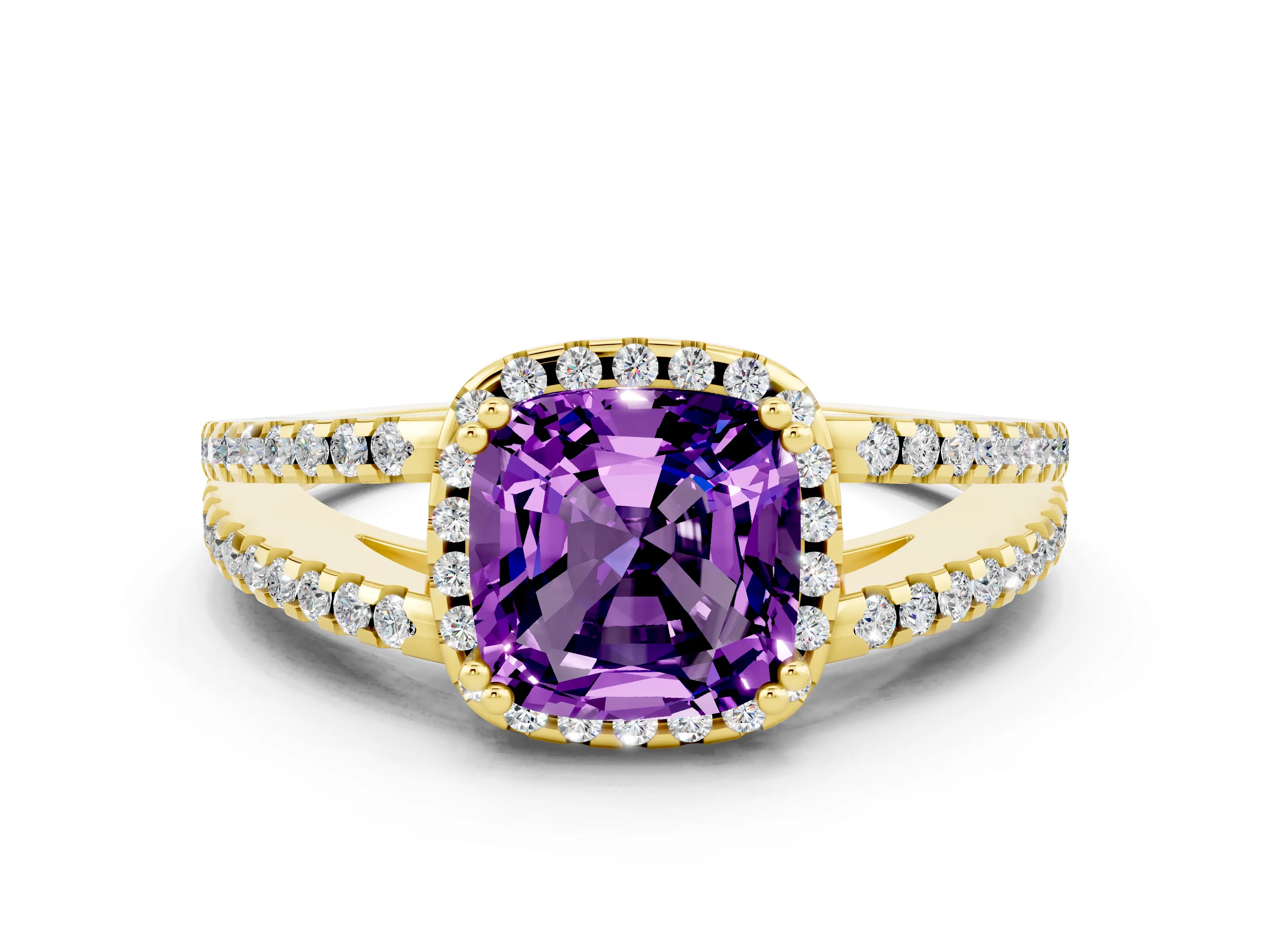 Yellow gold Cushion Cut Amethyst Halo Split Shank Engagement Ring_12