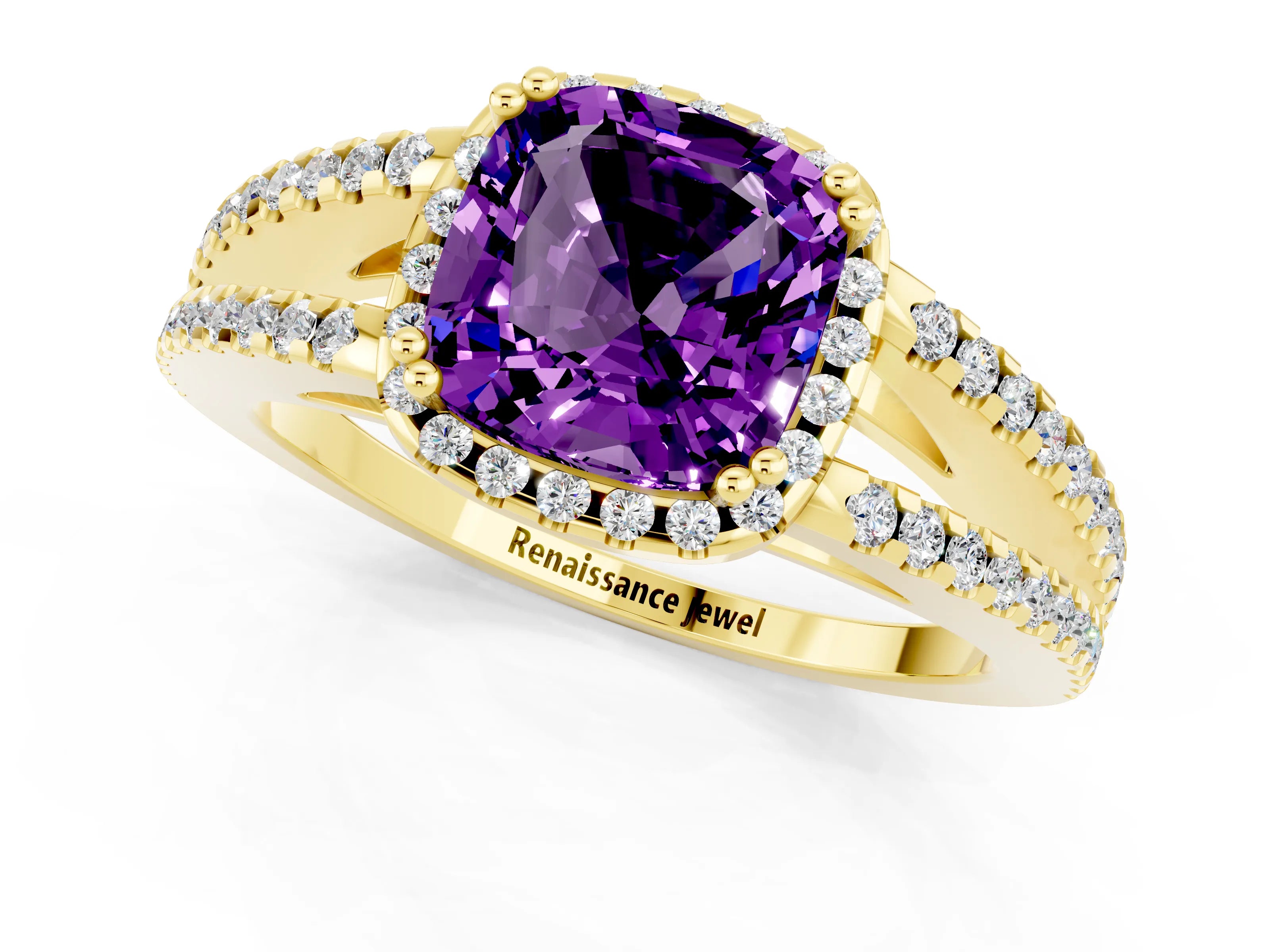Yellow gold Cushion Cut Amethyst Halo Split Shank Engagement Ring_13