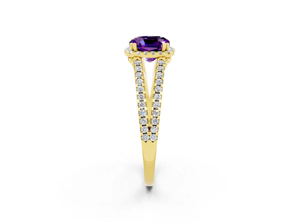 Yellow gold Cushion Cut Amethyst Halo Split Shank Engagement Ring