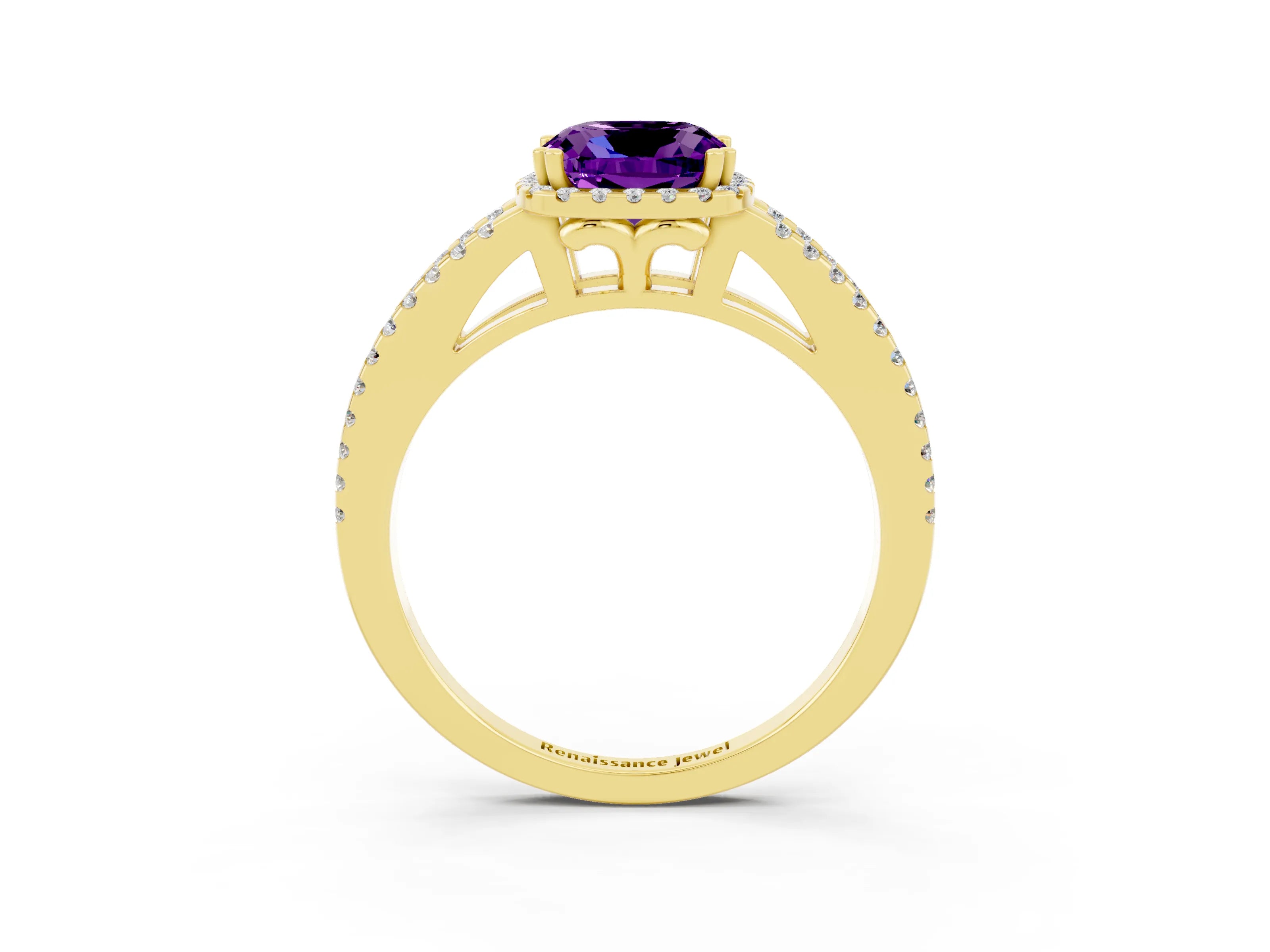 Yellow gold Cushion Cut Amethyst Halo Split Shank Engagement Ring_15