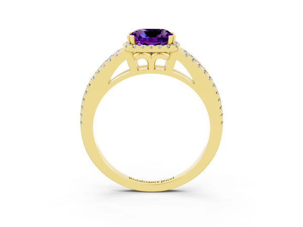 Yellow gold Cushion Cut Amethyst Halo Split Shank Engagement Ring