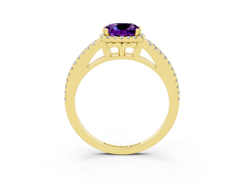 Yellow gold Cushion Cut Amethyst Halo Split Shank Engagement Ring_15