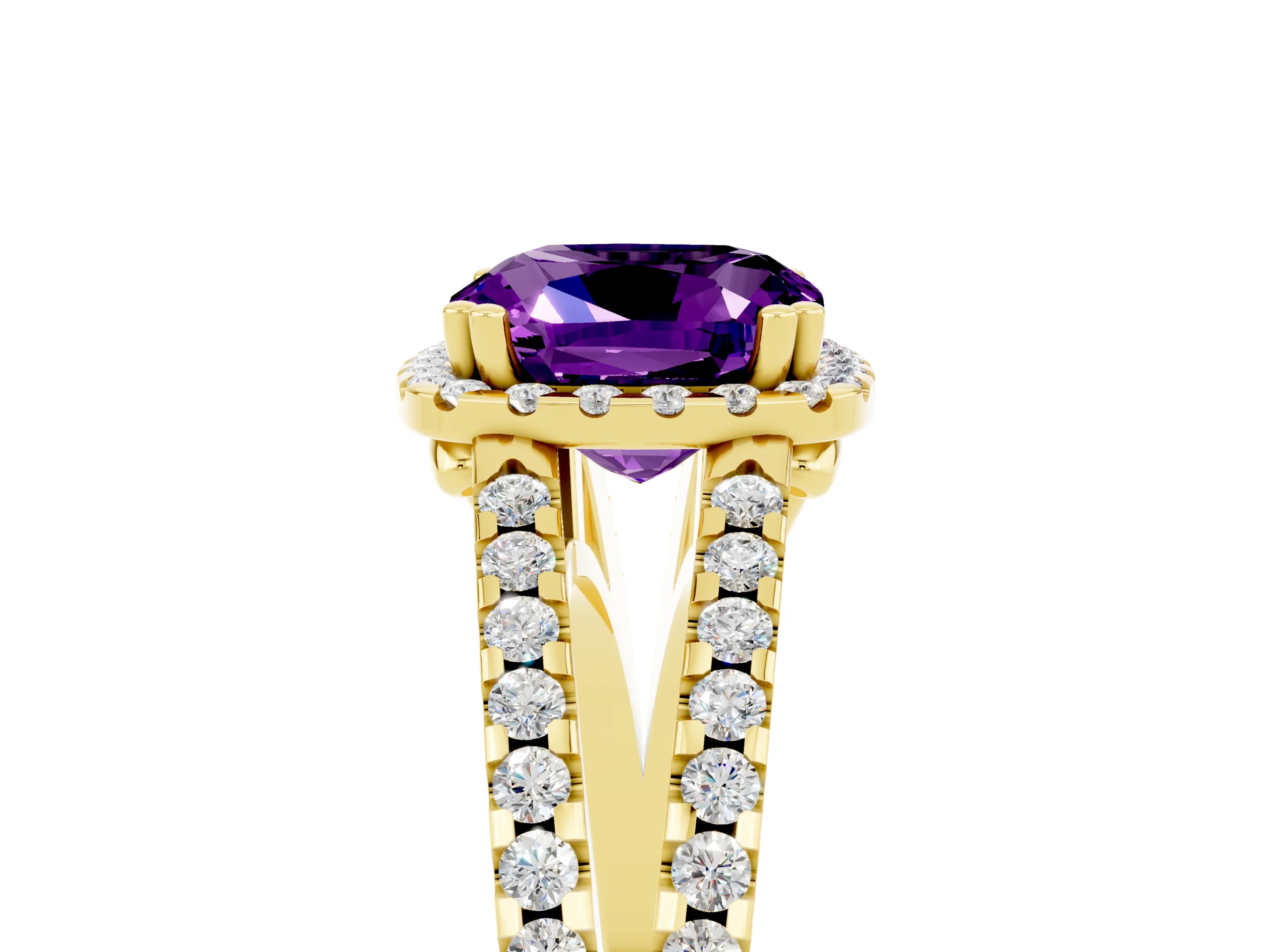 Yellow gold Cushion Cut Amethyst Halo Split Shank Engagement Ring_17