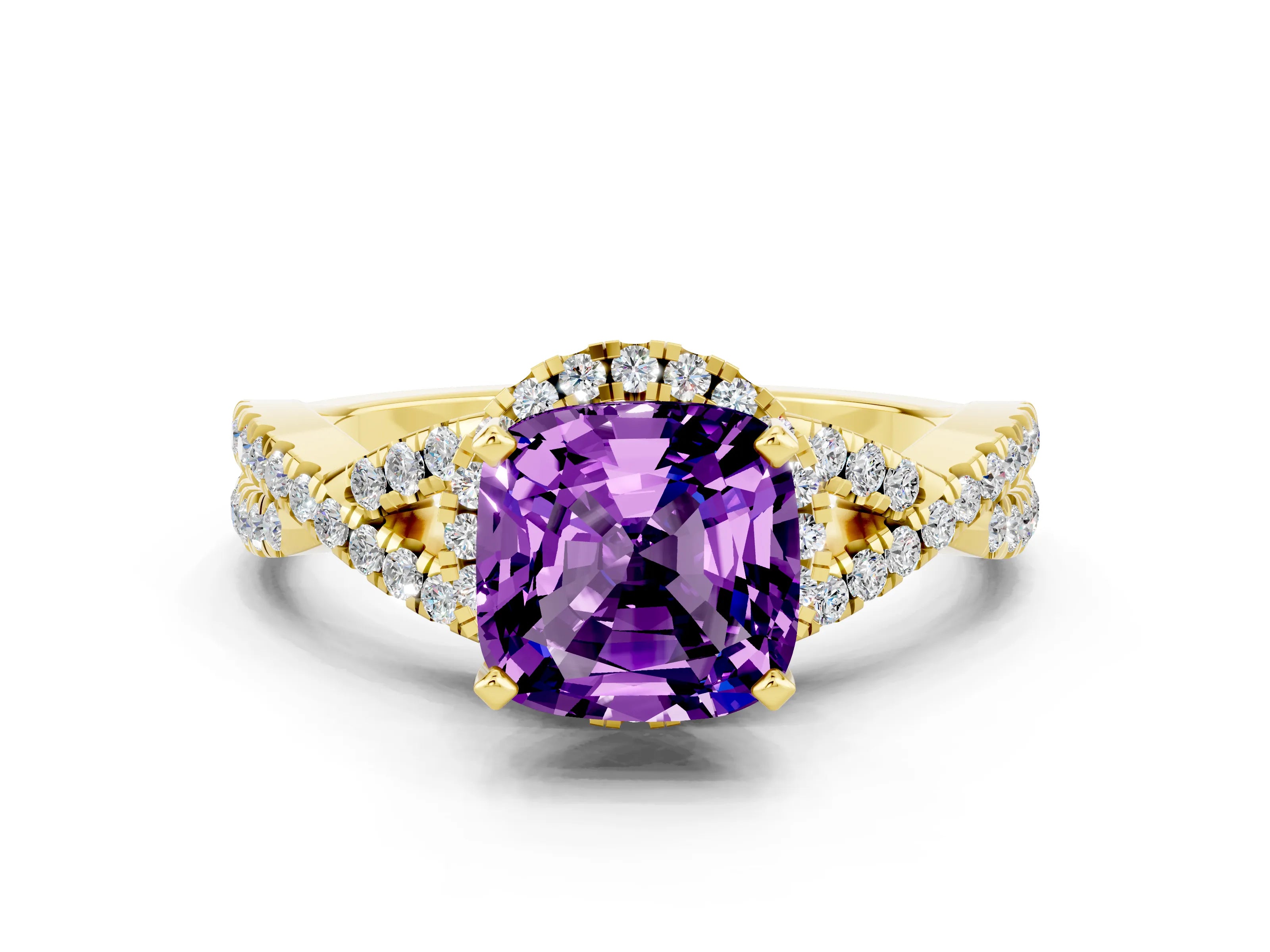 Yellow gold Cushion Cut Amethyst Halo Twist Band Solitaire Prong Setting Ring